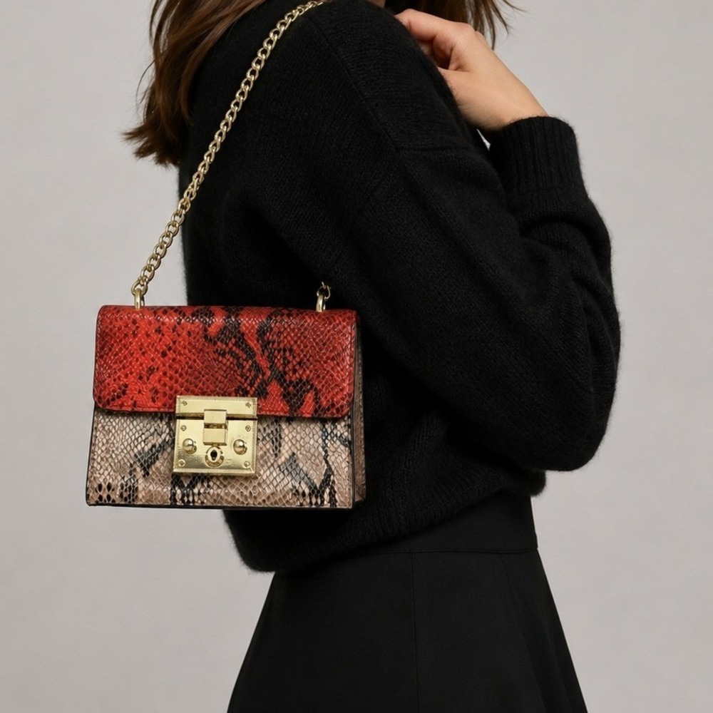 Zooler Red Snakeskin Embossed Leather Crossbody Bag Gold Chain Shoulder Bag